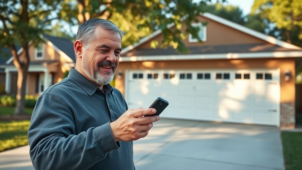 Homeowner using garage door opener remote in Eustis driveway, testing door operation