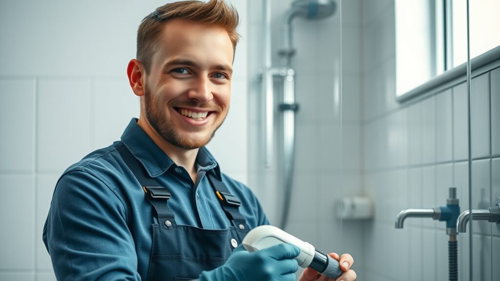 professional plumber in eustis fl demonstrating modern plumbing equipment in bathroom, friendly expression, photorealistic