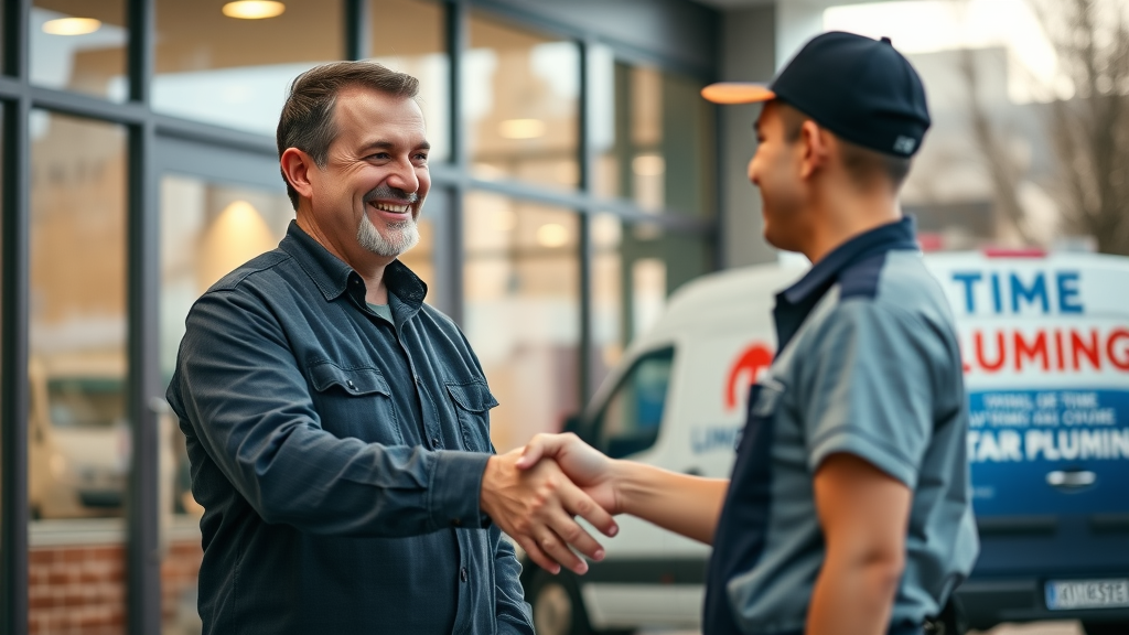 Happy business manager in Eustis shaking hands with commercial plumber after plumbing repair, commercial facility, plumbing company van