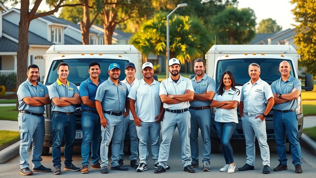 Team of septic tank contractors in Eustis FL in uniform, professional, with service trucks and tools, ready to serve