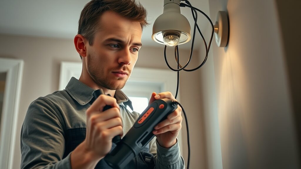 Electrician using diagnostic tool on flickering light fixture—expert electrical repair in Eustis