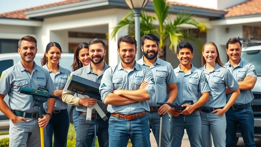 Certified cleaning and restoration technicians in Eustis standing outside a modern home with equipment and branded uniforms