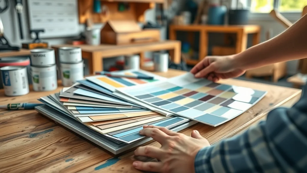 Premium exterior paint comparison. Painter examines swatches and cans on a workbench. Attention to detail, photorealistic, high realism, crisp macro detail, blues and neutrals.
