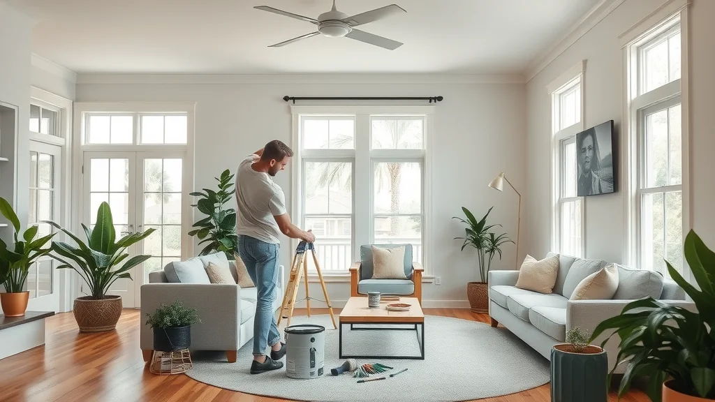 Eustis FL interior painter applying a fresh coat of paint in a modern living room - interior painting, painting project, house painters, interior painter