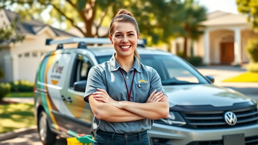 Trusted house cleaner in Eustis FL, standing confidently beside branded company vehicle with professional cleaning tools