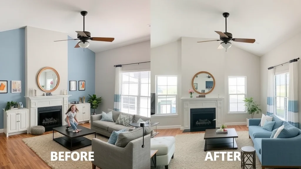 Split-scene before and after interior painting showing happy family in revitalized living space Eustis FL, blue and neutral palette