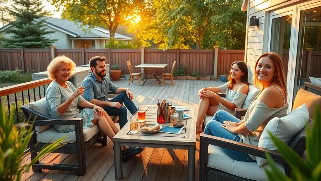 affordable deck materials: group of friends relaxing on a sunlit deck with cozy seating, drinks, and greenery, photorealistic modern backyard, soft wood grain, golden hour