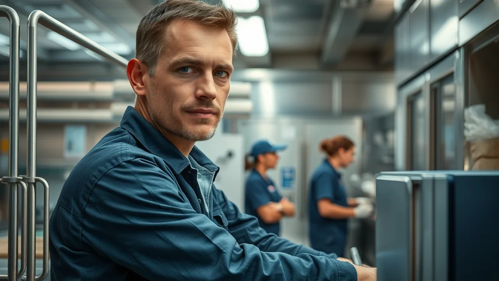 Commercial appliance repair technician repairing industrial refrigerator in a busy Eustis business kitchen
