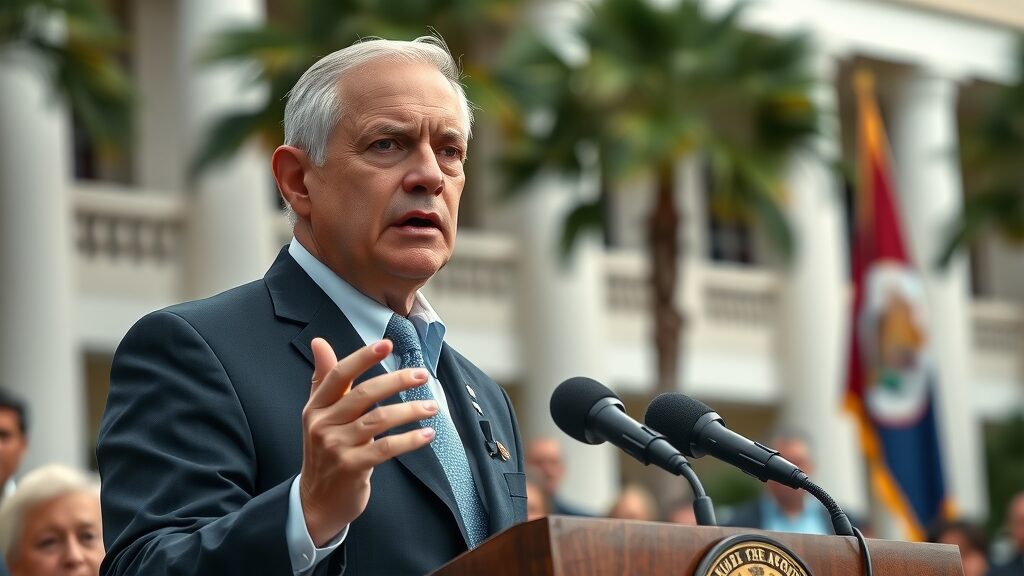 Serious Florida environmental official making a press announcement about septic system regulations Florida at a government building with palm trees and state flag