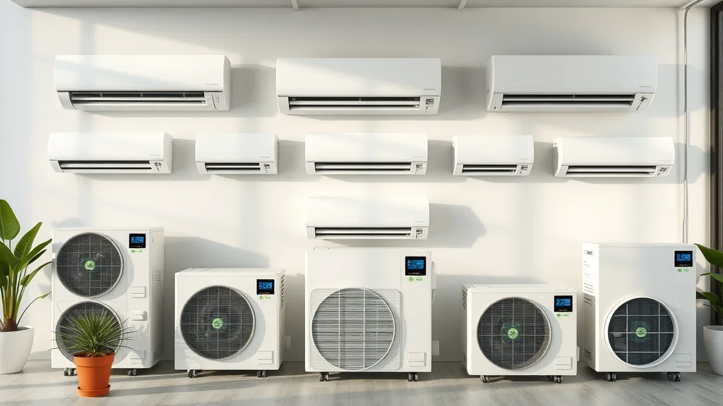 Modern energy efficient air conditioner and mini-split units lineup for comparison in Eustis FL, displayed in a bright showroom with eco-labels