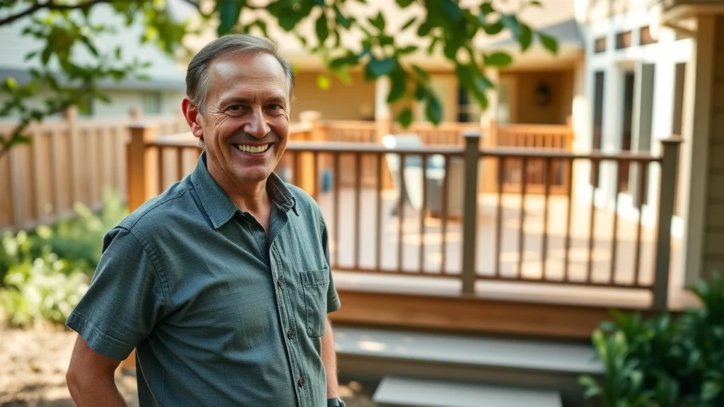 Eustis homeowner next to completed modern deck build. Keywords: deck building, cost to build, deck project