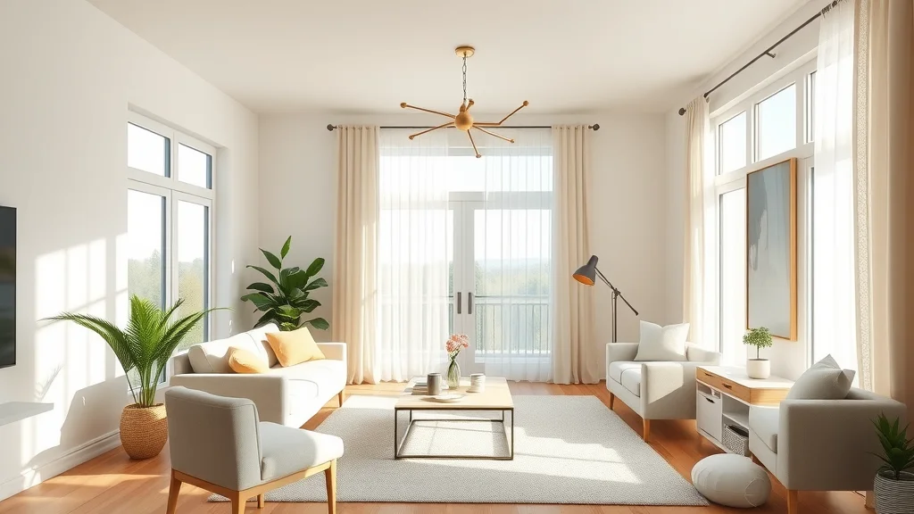 Bright, modern Eustis home interior showing inviting, clean and orderly atmosphere—eustis house cleaning companies—photorealistic, airy sunlit living room with minimal decor