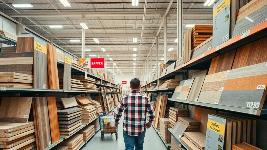 decking board supplier: shopper looking at various affordable deck boards in a well-lit hardware store aisle, photorealistic textures of wood and composite materials