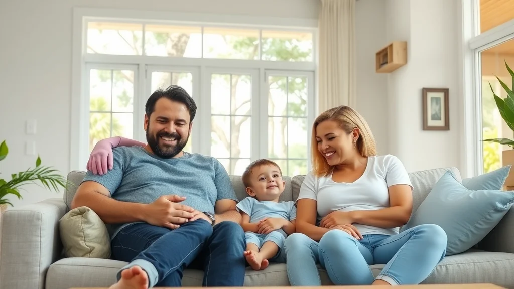 Professional Eustis FL homeowner family relaxed in modern living room with visible central air vents and digital smart thermostat, styled in a bright Florida home