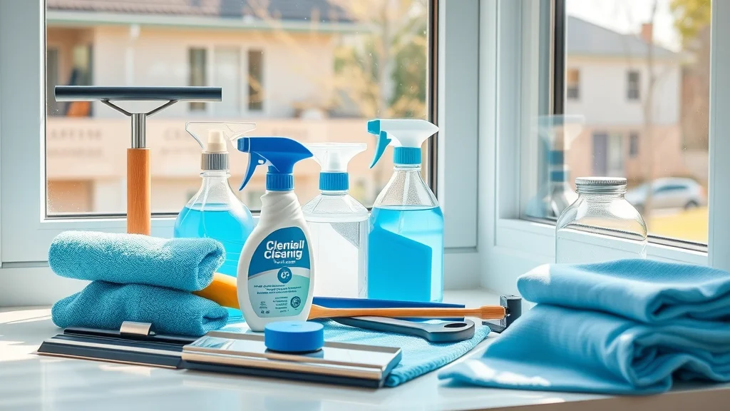 Professional window cleaning tools and products displayed near window, window cleaning Eustis FL streak-free results
