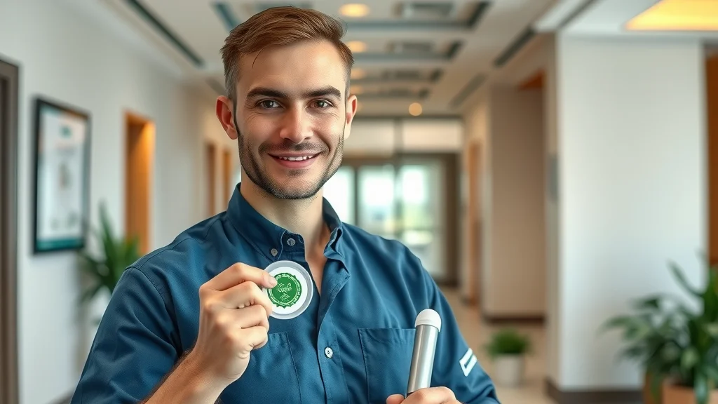 Professional eco-friendly cleaner fully insured, showing off certification badge in an Eustis office — eco-friendly cleaning Eustis