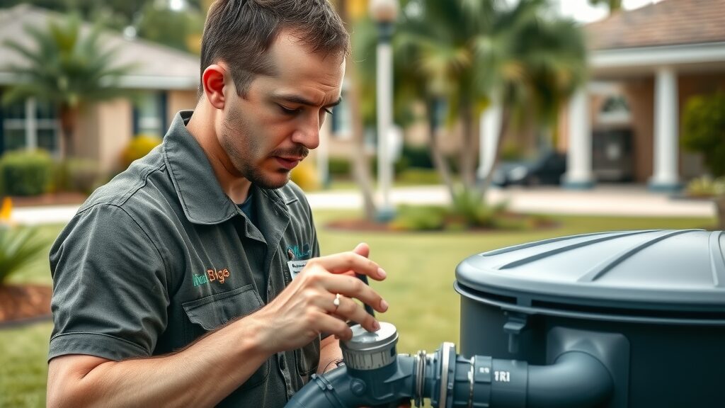 Professional septic technician performing an inspection on residential septic tank in Central Florida, septic system maintenance Eustis FL