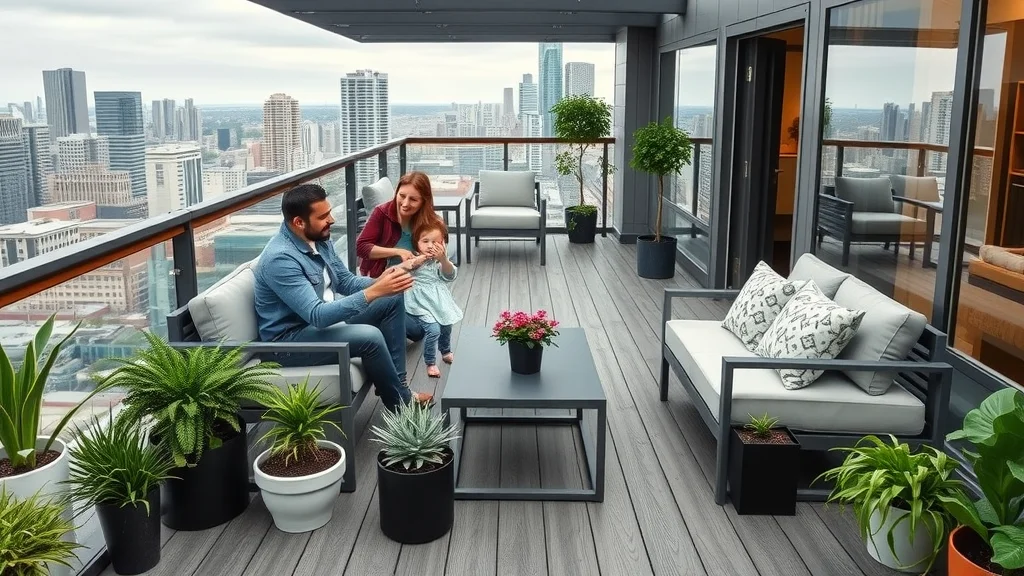 composite deck: family enjoying maintenance-free composite decking with modern furniture, potted plants, weather-resistant surface, photorealistic urban balcony