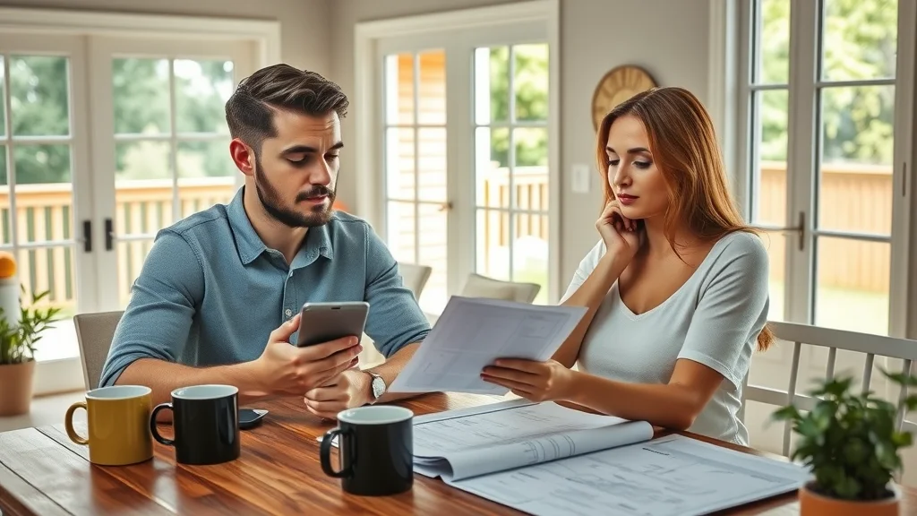 Homeowners compare deck building costs at kitchen table, surrounded by materials and paperwork for deck planning in Eustis
