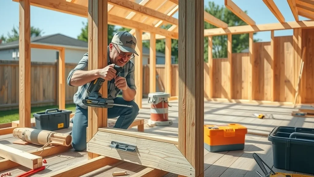 DIY homeowner assembling a wooden deck frame, demonstrating cost-effective deck building techniques