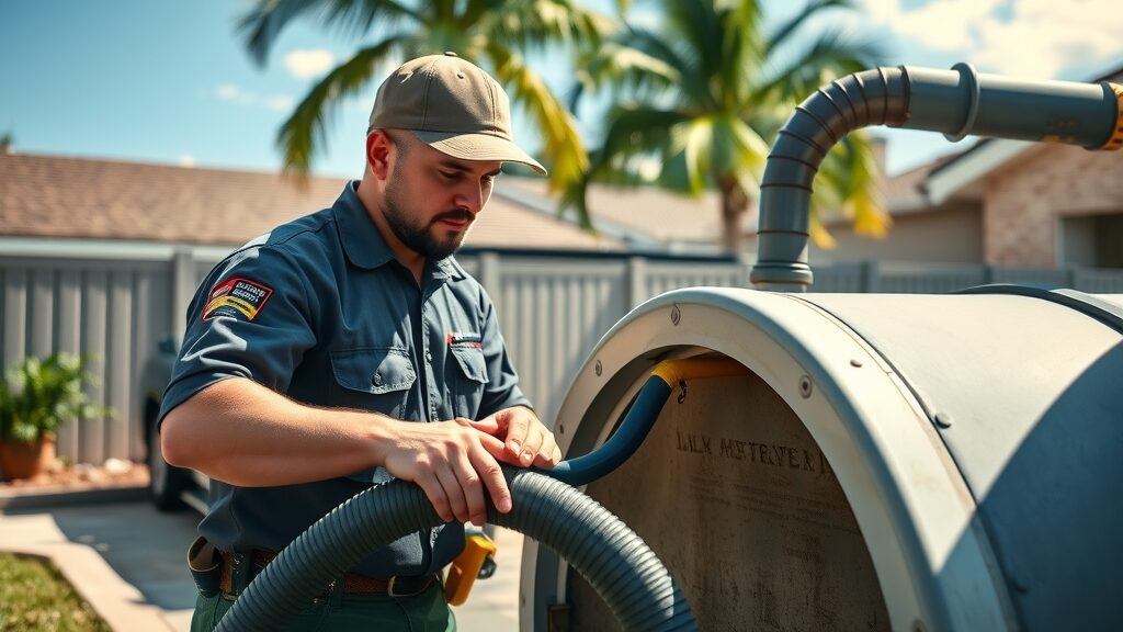 Licensed septic technician pumping tank, professional septic tank inspection Eustis, backyard Florida