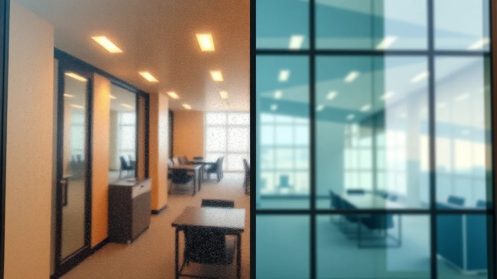 Dramatic before and after split of commercial window cleaning on an office building: one side dirty, the other spotless and clear.