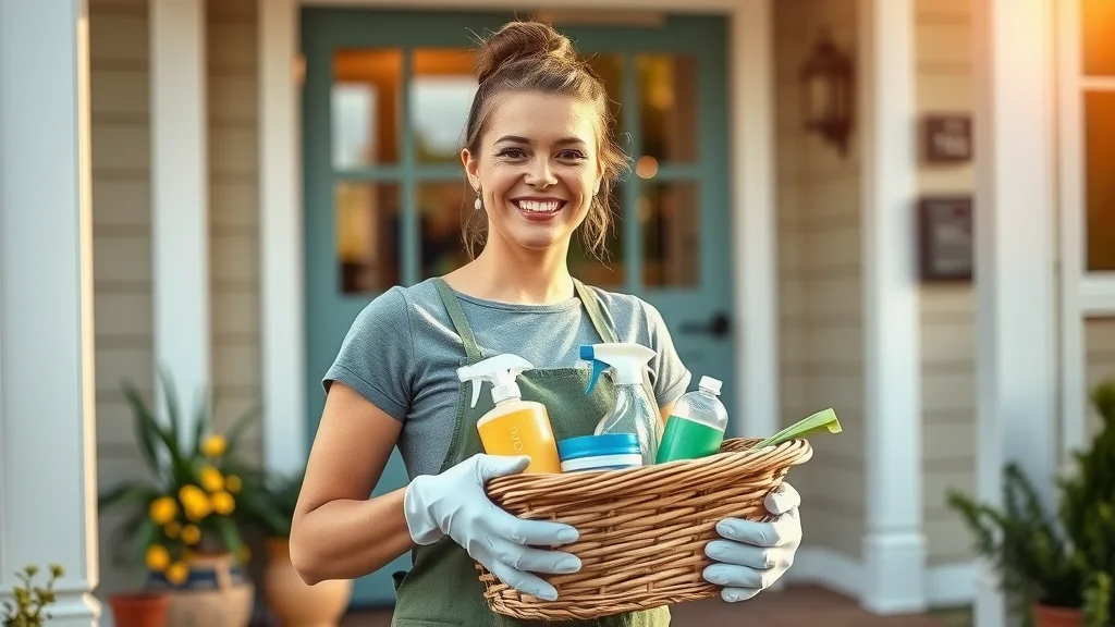 Smiling professional cleaner in Eustis with eco-friendly cleaning products for house cleaning service