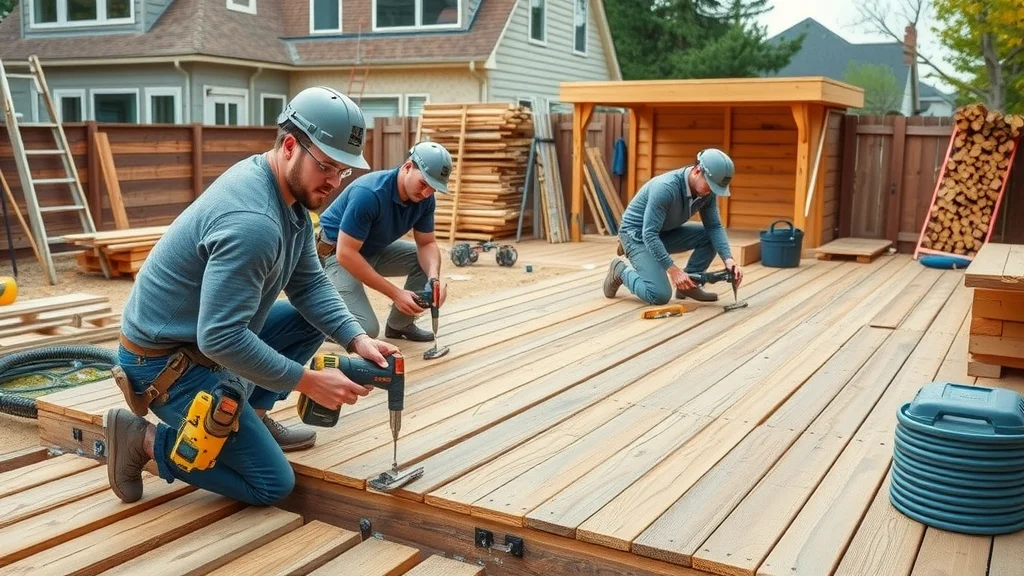 deck build and modern deck construction site - workers and tools for building a 500 square foot deck