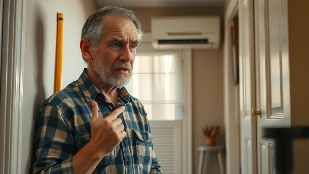 Upset Eustis homeowner inspecting air conditioning vent, showing frustration. Photorealistic, maintenance tools visible, soft daylight, natural finishes.