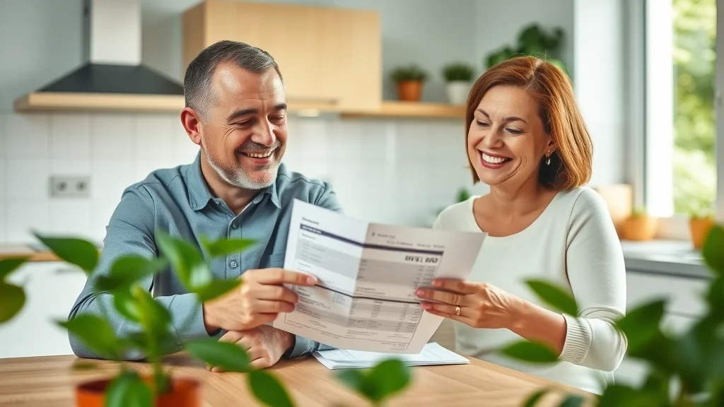 Happy middle-aged Eustis couple celebrating low energy bills after installing an energy efficient home air system, surrounded by green plants and natural light.