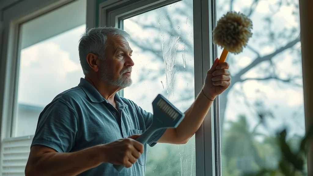 Homeowner cleaning window after Florida storm — practicing post-hurricane window maintenance tips in Eustis FL