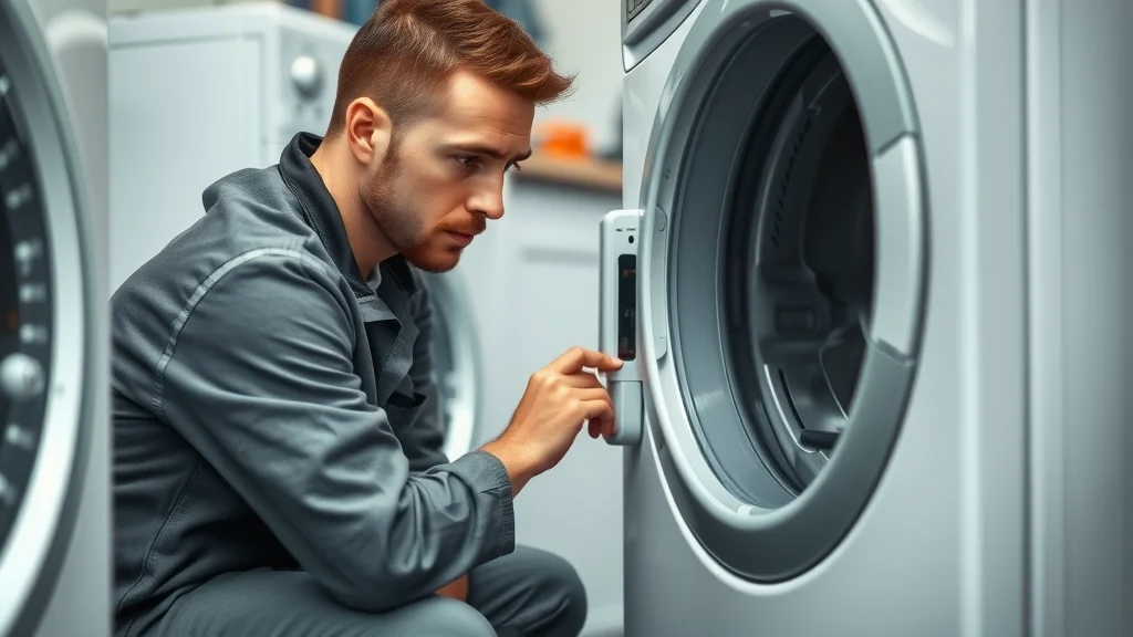 Professional repair technician inspecting a modern clothes dryer in a clean, contemporary laundry room. Eustis dryer repair services technician assesses the control panel, surrounded by organized tools.