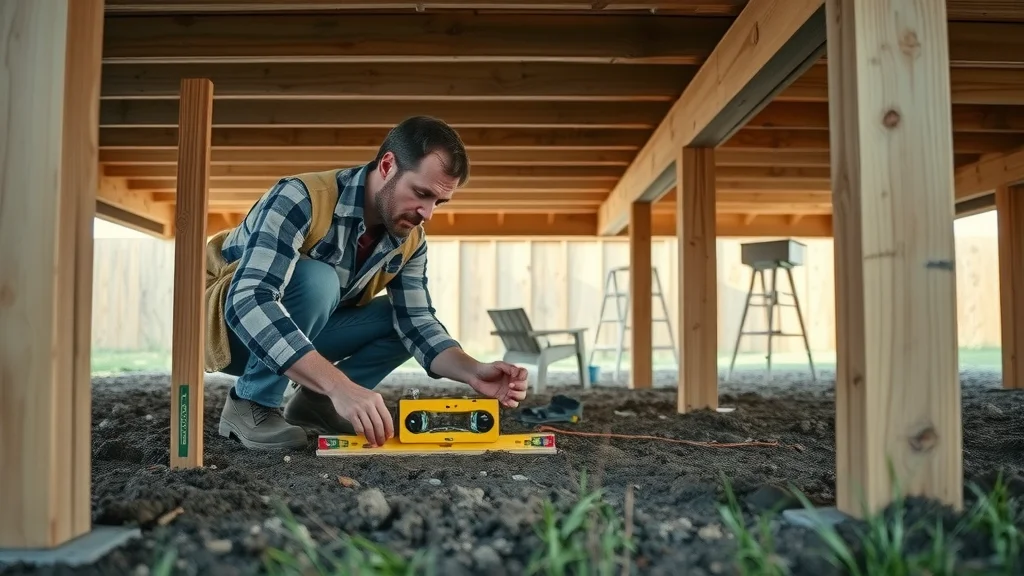 Cautious home DIY inspection — Homeowner checking deck footing level with a spirit level underneath a partially constructed wood deck.