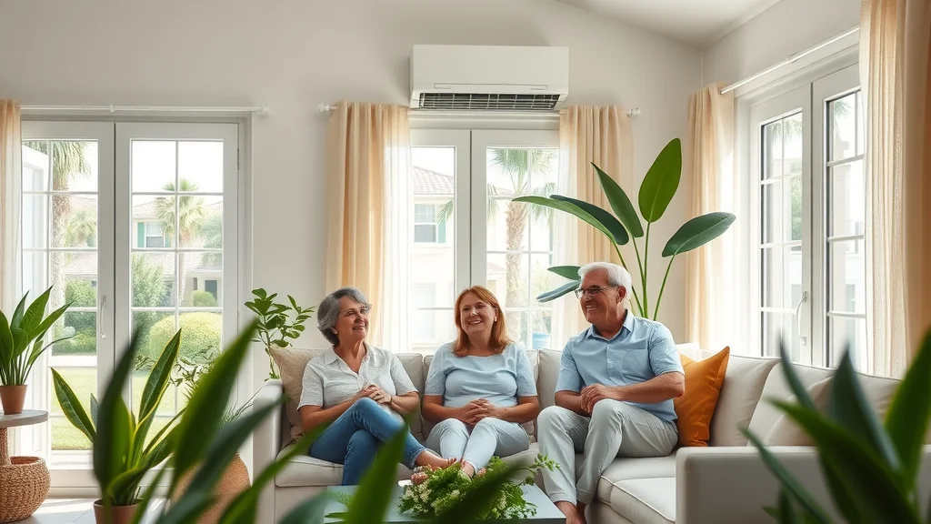 Eustis FL green HVAC solutions in a modern Florida home with eco-friendly landscaping, sunlit living room, and state-of-the-art HVAC system