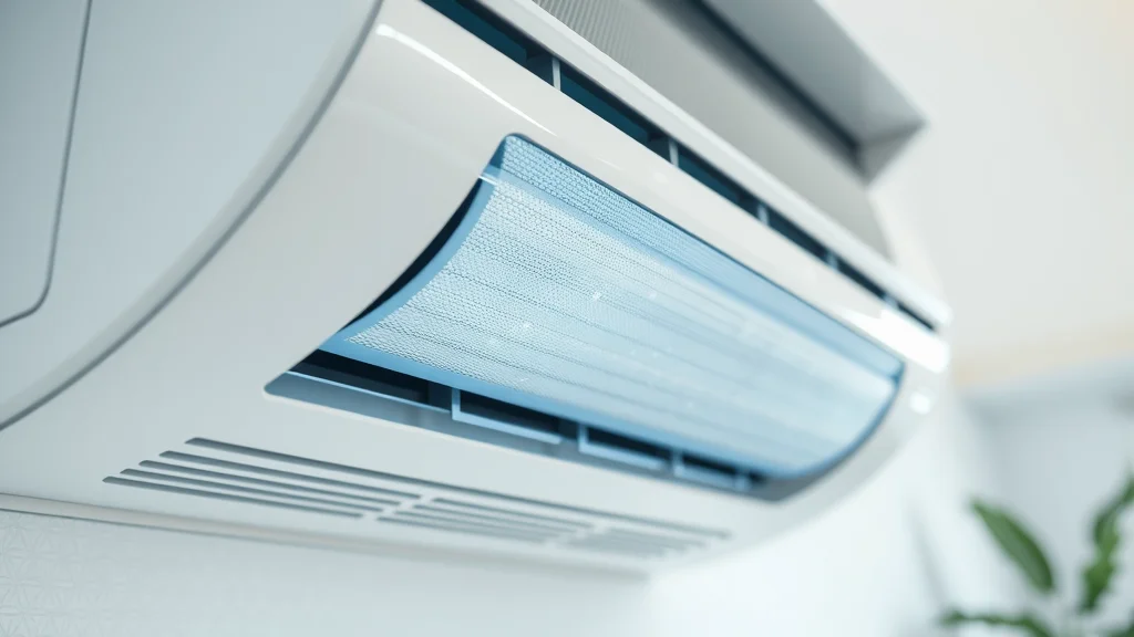 air conditioner with HEPA filter enhancing asthma benefits, clean airflow, photorealistic bright home
