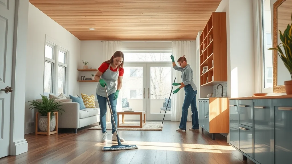 Focused professional cleaners mopping and dusting in a sunlit, open Eustis home with natural wood and abundant daylight
