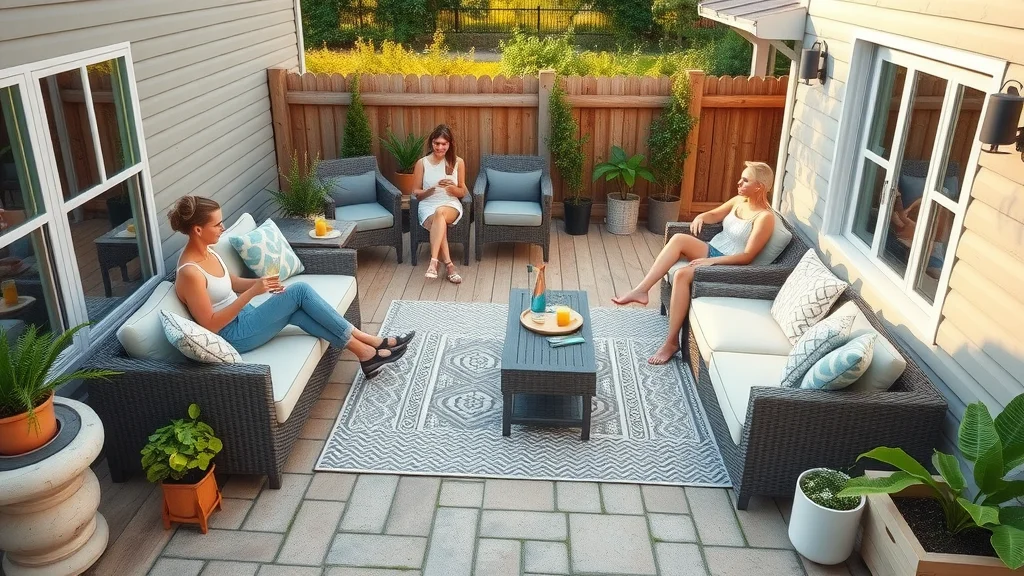 Cohesive design blending small wood deck and stone patio with matching outdoor rugs and coordinated plants