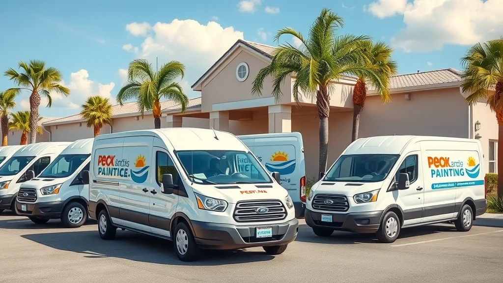 Fleet of branded professional painting vans parked outside a freshly painted community building in Eustis, with painter team in uniforms and palm trees, photorealistic, under Florida sky.