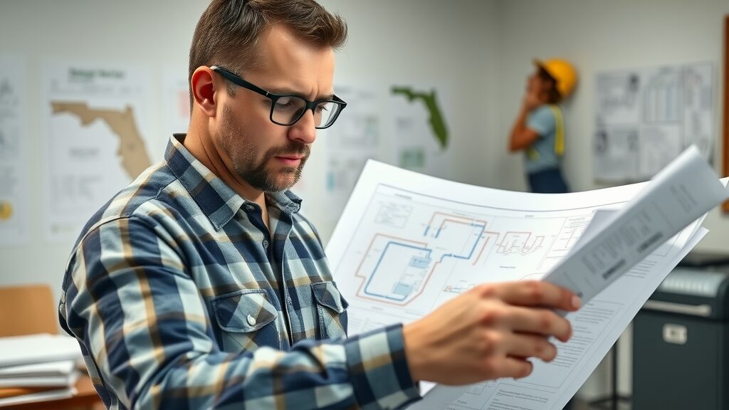 Professional licensed contractor in Florida reviewing septic system blueprints under bright light, focused on regulations and standards