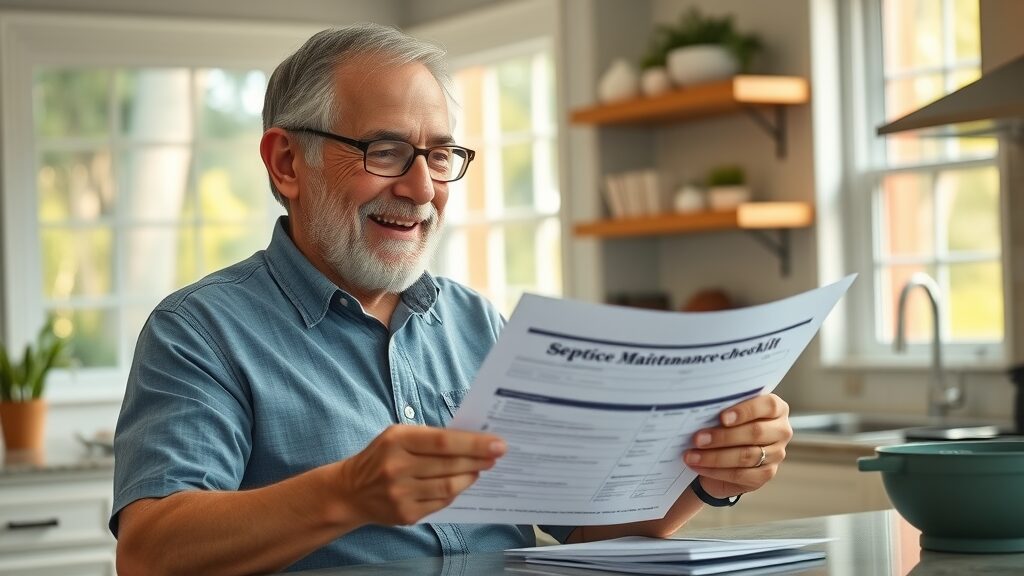 Eustis homeowner reviewing septic tank maintenance checklist for cost savings, Florida greenery outside window