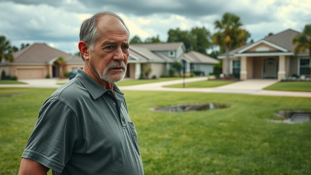 Concerned Eustis homeowner inspecting lawn for signs of septic tank issues, suburban neighborhood, water pooling and cloudy sky