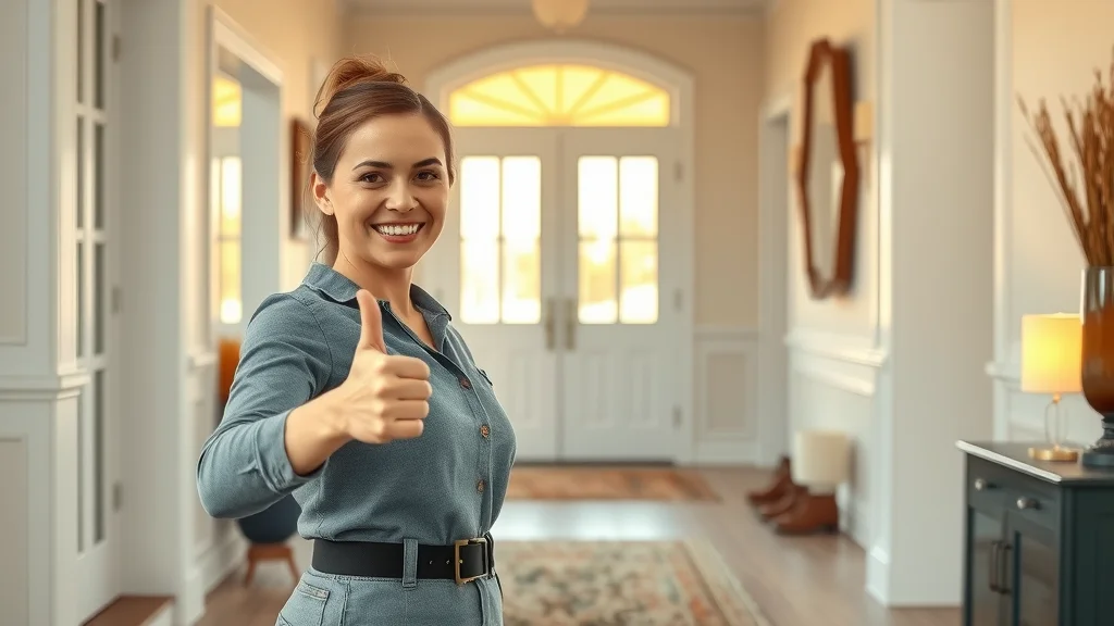 Eustis house cleaner giving a thumbs up after finishing a great job in a clean house entryway, highlighting excellence in house cleaning services