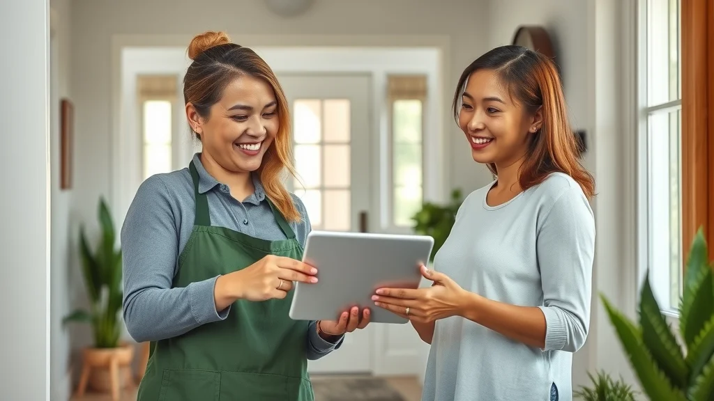 Eco-friendly cleaning expert and homeowner reviewing cleaning checklist on tablet in Eustis home — step-by-step process eco-friendly cleaning Eustis