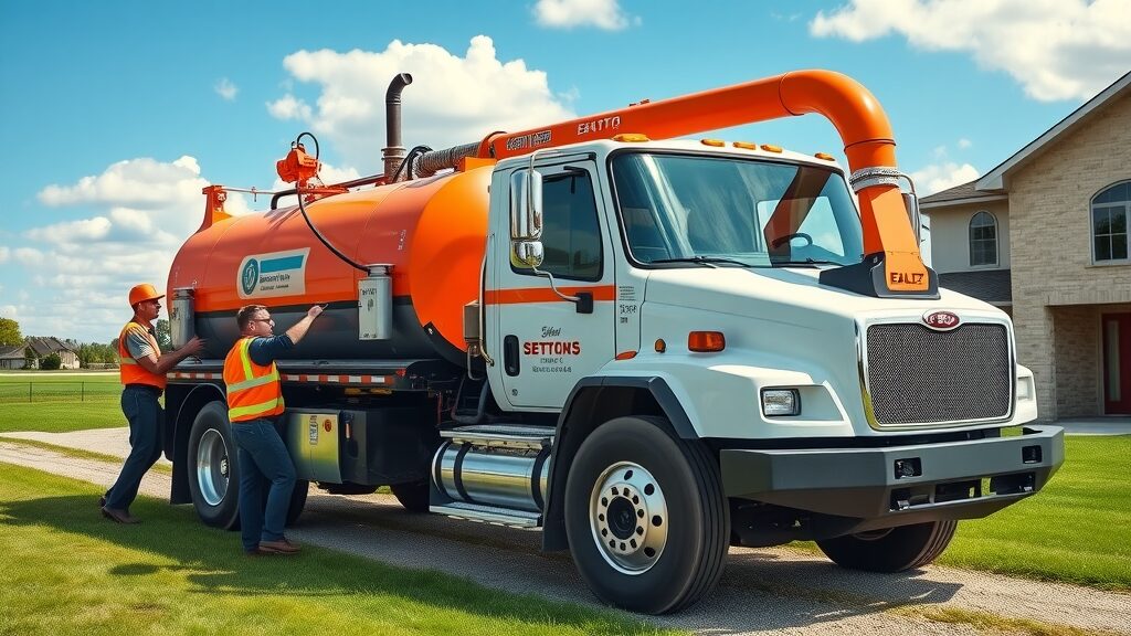 Team of septic tank contractors in Eustis operating a pump truck, professional service near a rural home