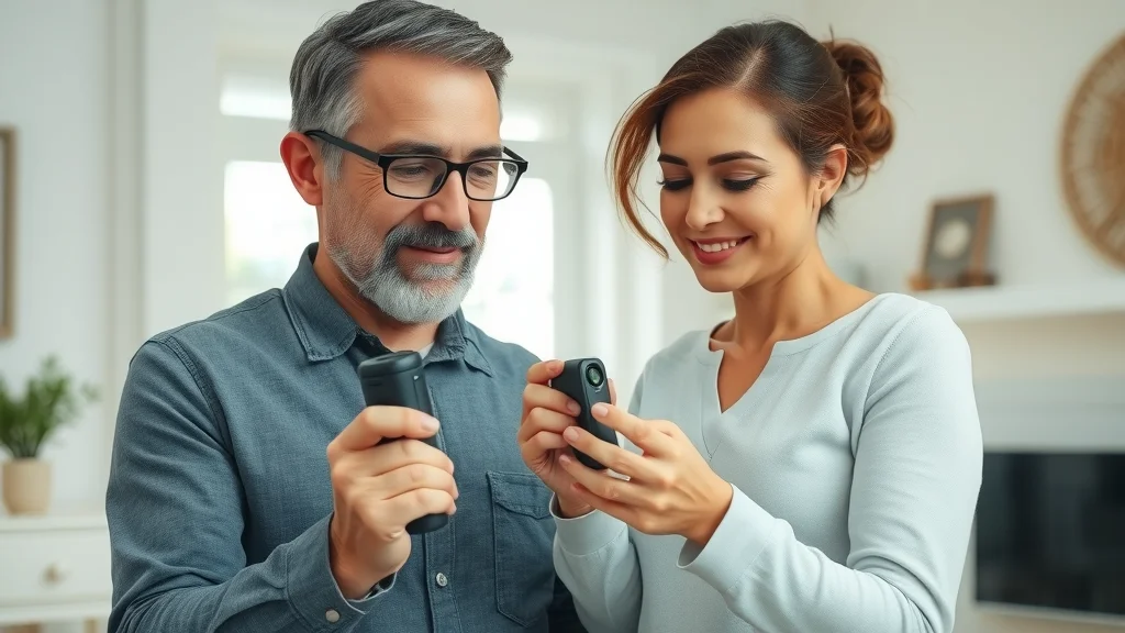Modern air quality testing with technician and homeowner using a digital air quality meter in a clean Eustis living room