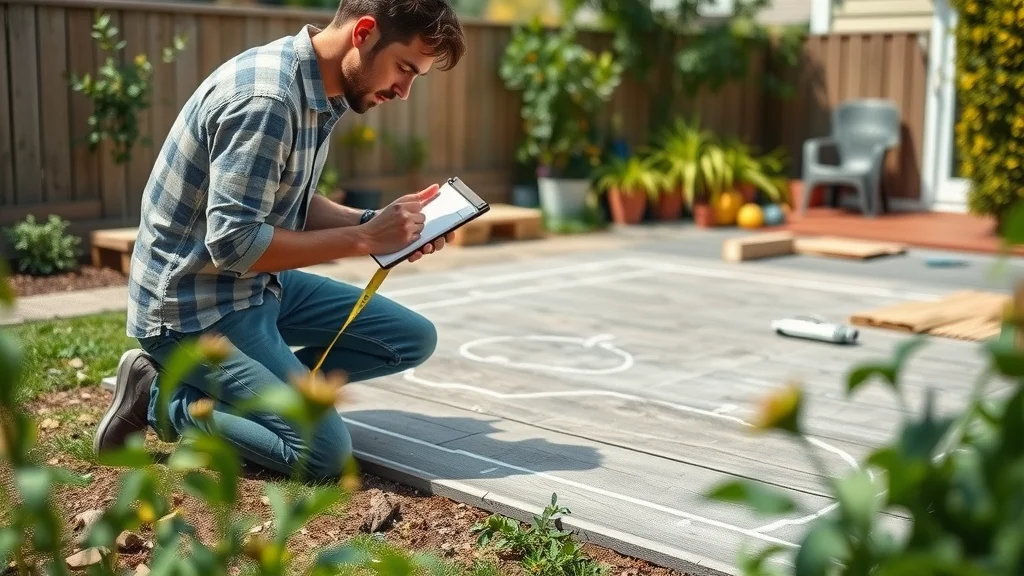 Thoughtful DIY deck planning — Person measuring and mapping a deck area in a modest backyard, surrounded by building materials and green foliage.