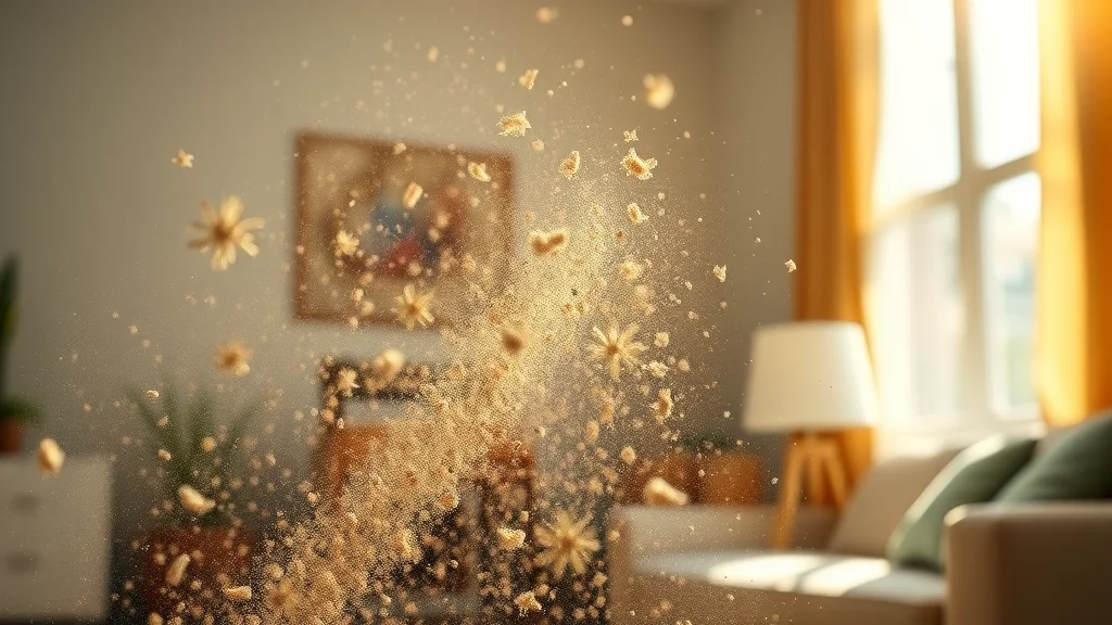 Asthma triggers like dust mites and pollen visible in indoor air, macro shot emphasizing allergen removal