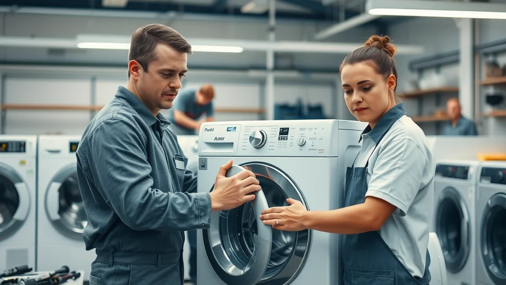 Modern appliance repair shop interior with technicians examining washing machine and multiple appliances, affordable appliance repair Eustis workshop