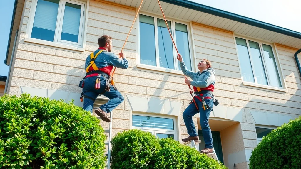 Professional window cleaning team at work on high exterior windows — window cleaners Eustis