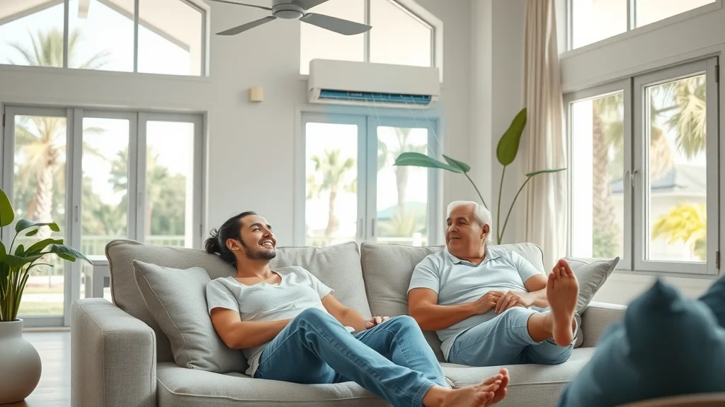 Comfortable modern Florida home living room with a couple relaxing, efficient air conditioner system in action, showcasing energy efficiency